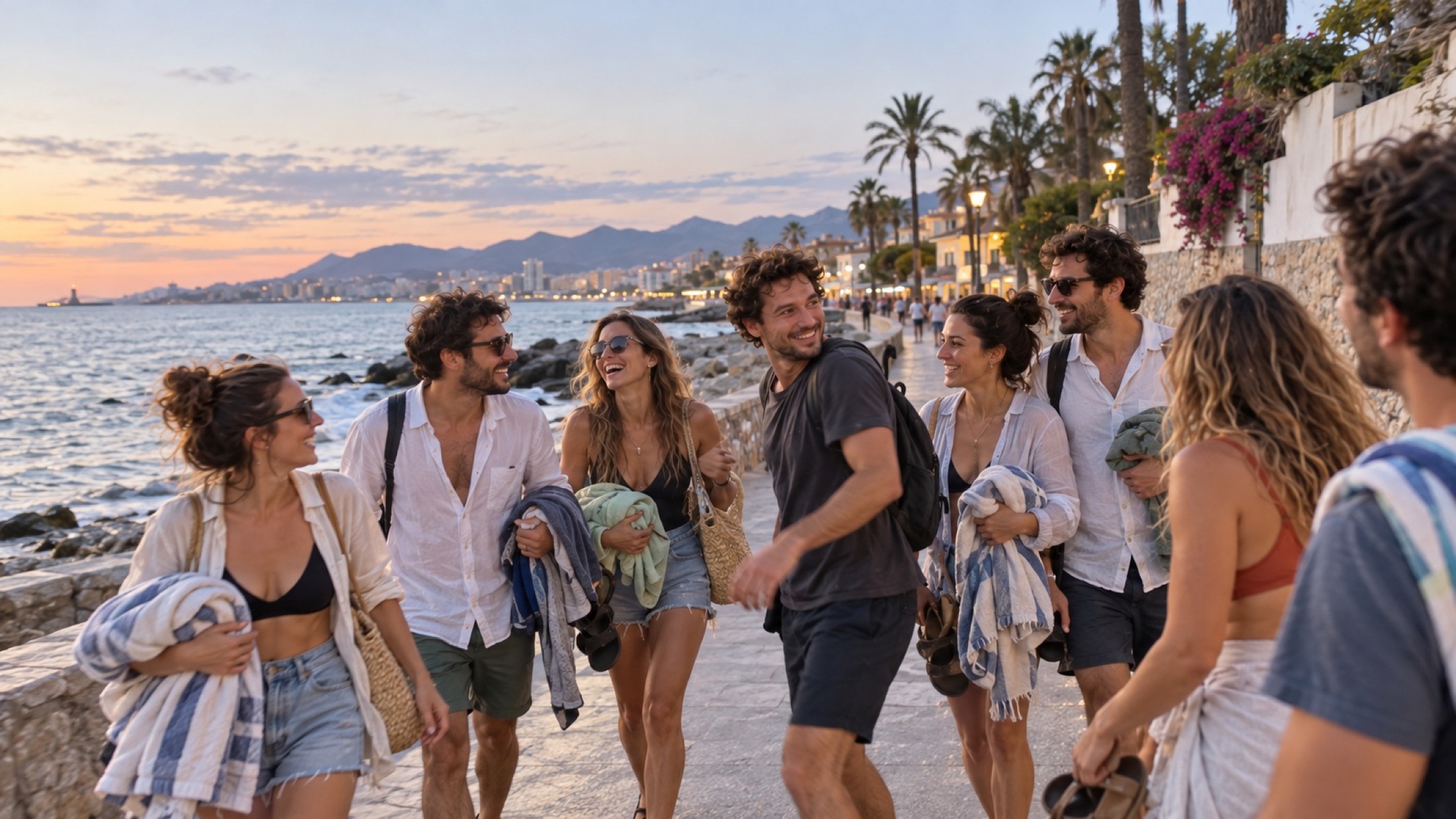 Dani y sus amigos vuelven juntos de una tarde en la playa en Málaga