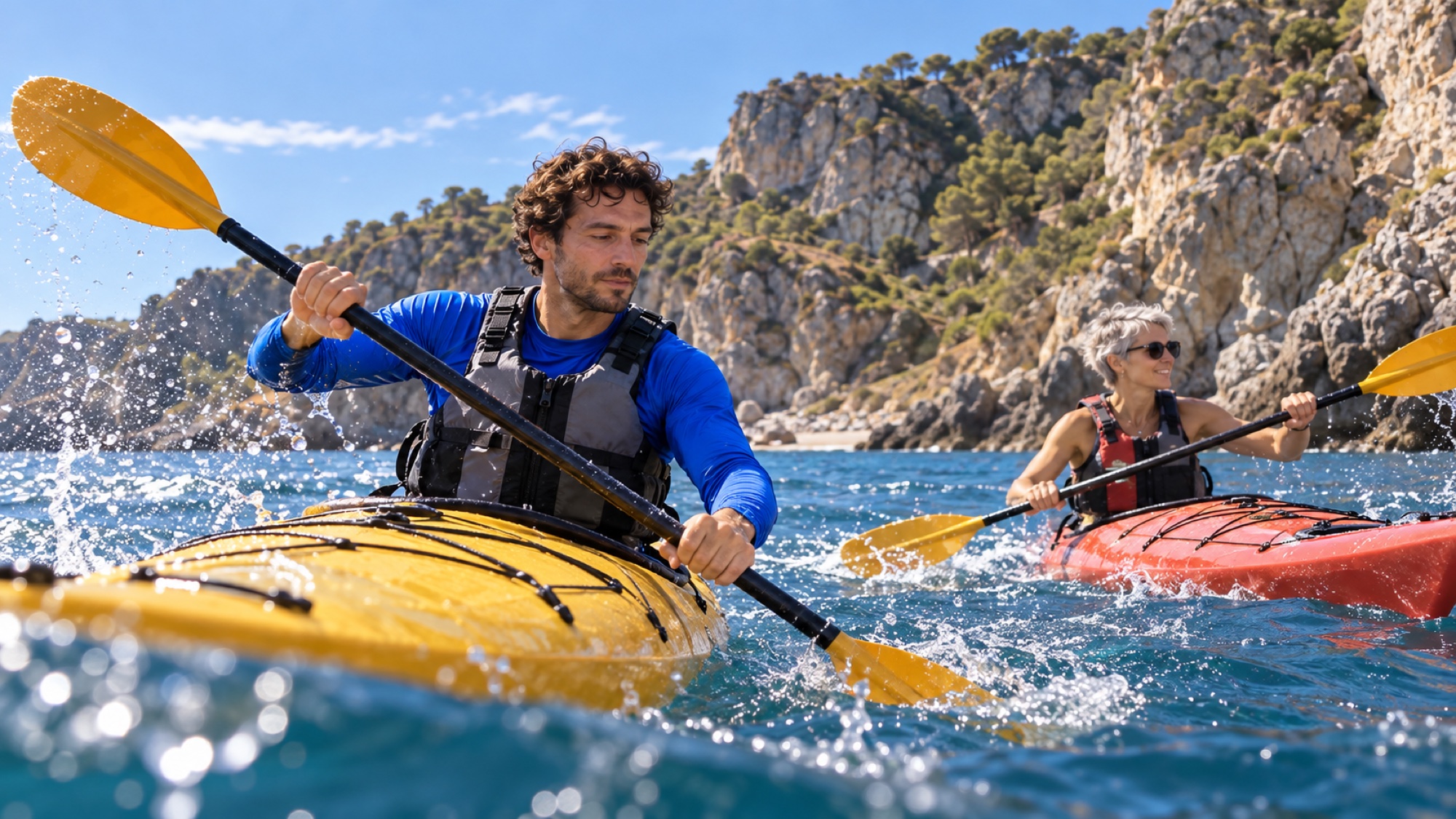 Dani navega en kayak con una amiga junto a los acantilados de Maro